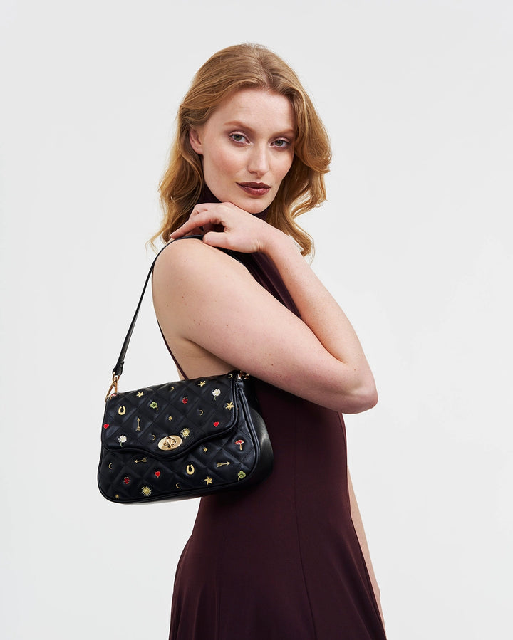 Fable Black Quilted Motif Embroidered Crossbody Bag