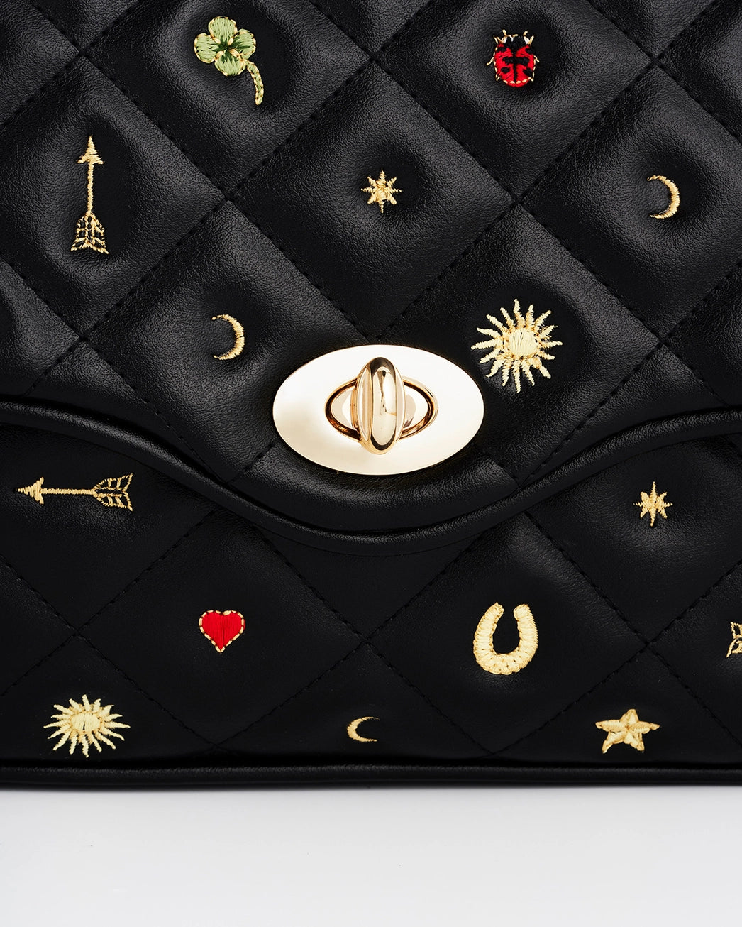 Fable Black Quilted Motif Embroidered Crossbody Bag