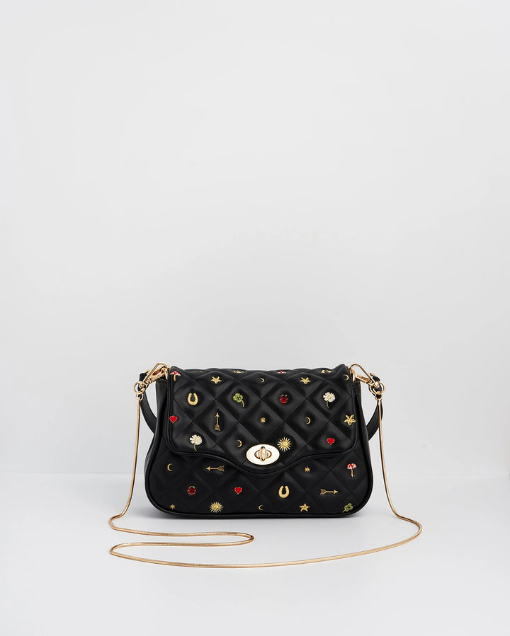 Fable Black Quilted Motif Embroidered Crossbody Bag