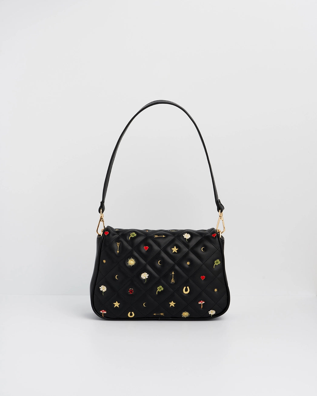 Fable Black Quilted Motif Embroidered Crossbody Bag