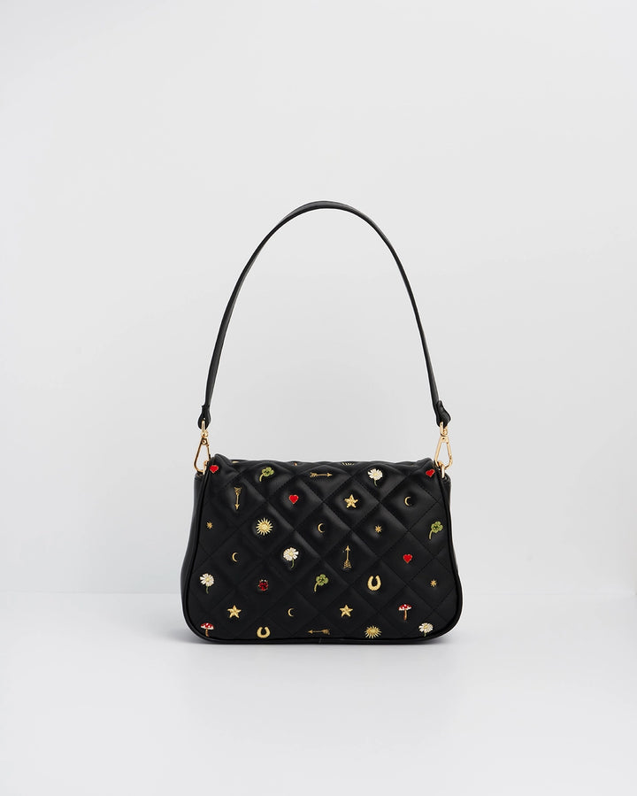 Fable Black Quilted Motif Embroidered Crossbody Bag