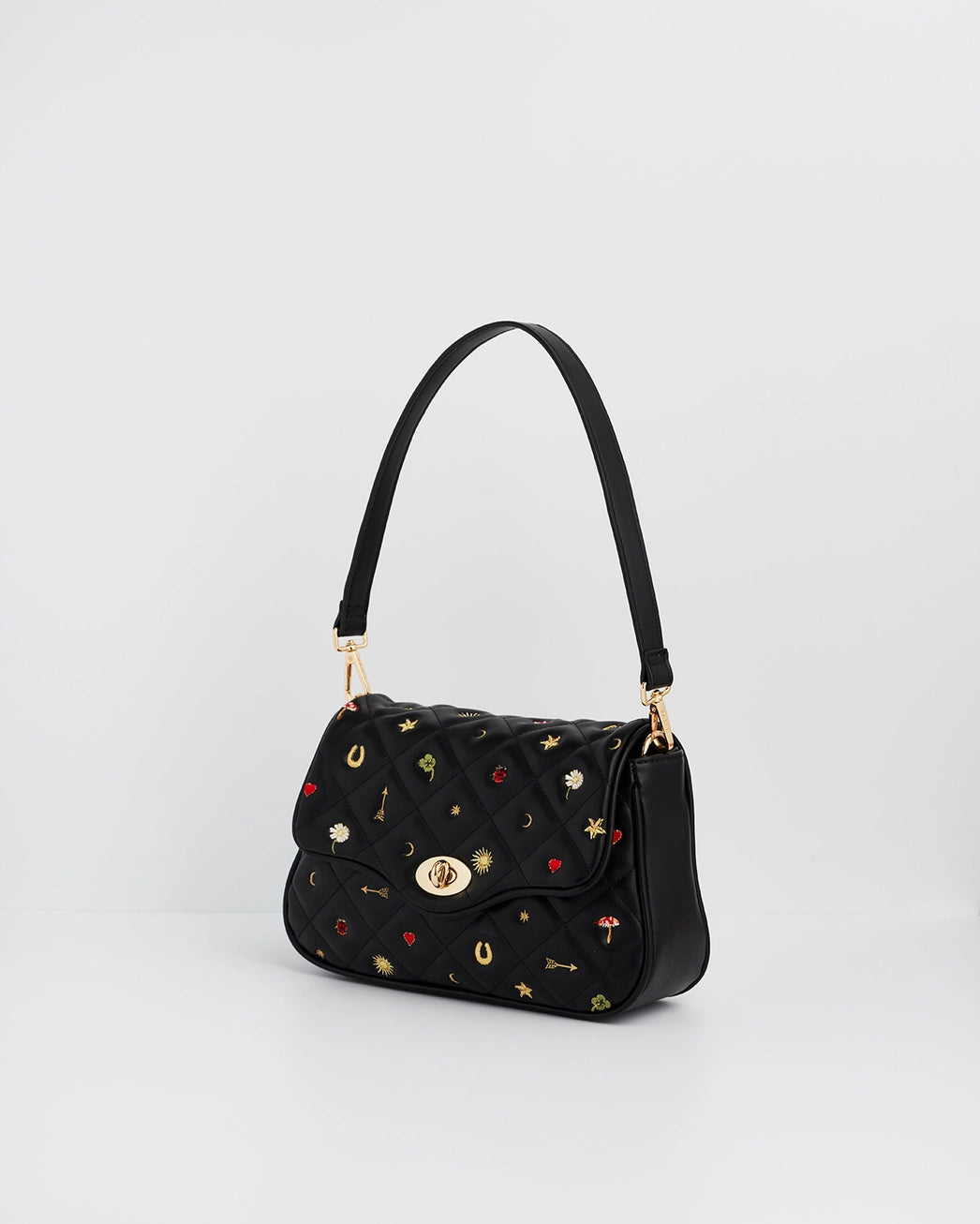 Fable Black Quilted Motif Embroidered Crossbody Bag