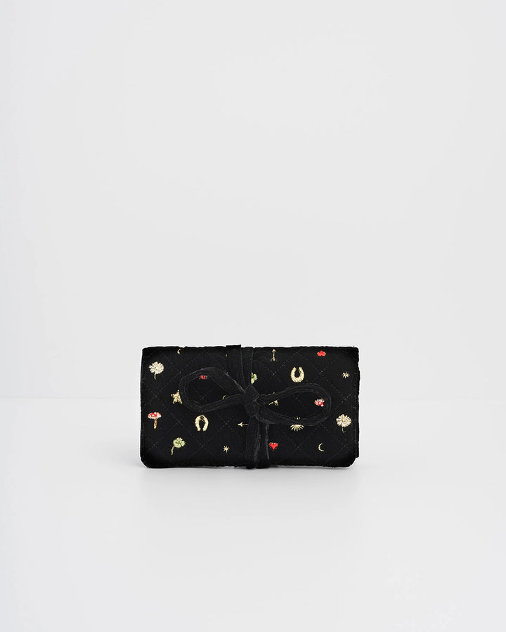 Fable Black Quilted Motif Embroidered Jewelry Roll