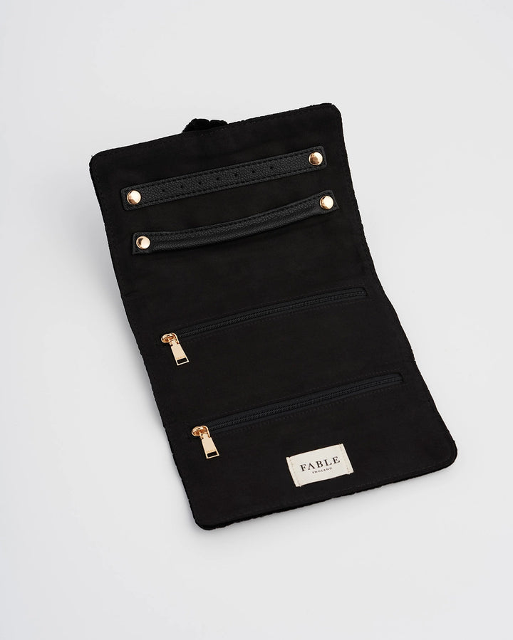 Fable Black Quilted Motif Embroidered Jewelry Roll
