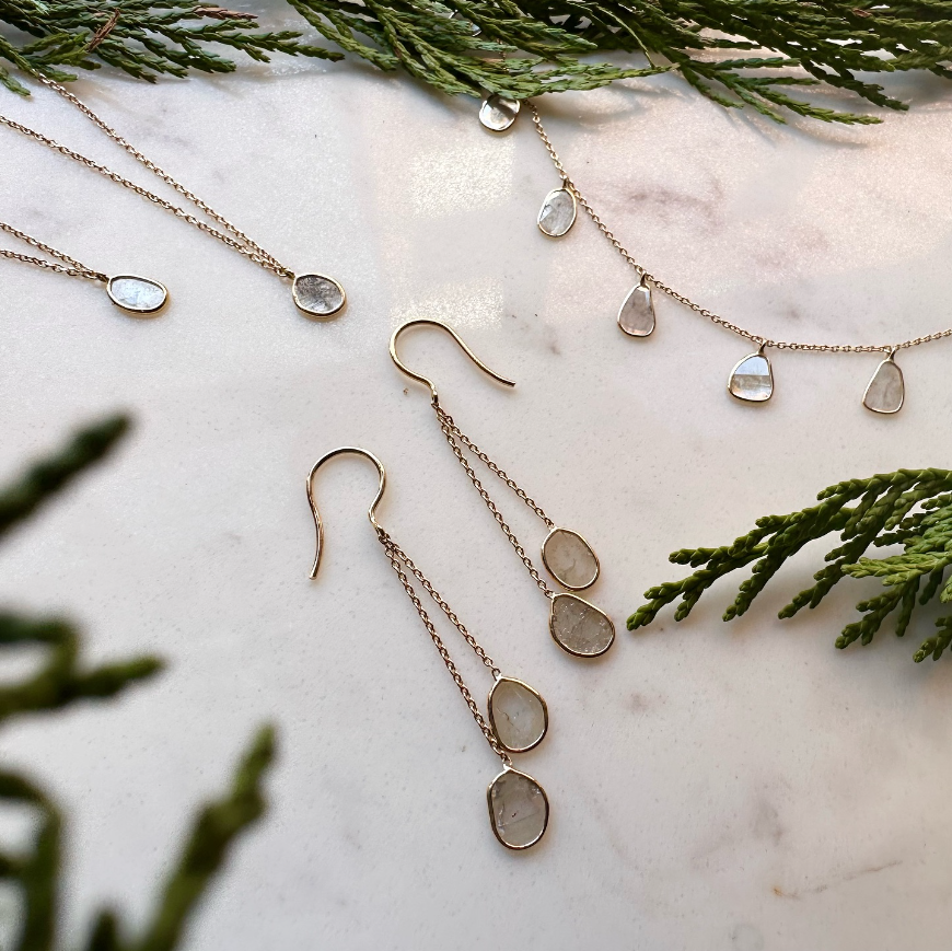 Smoky Diamond Slice Double Drop Earrings