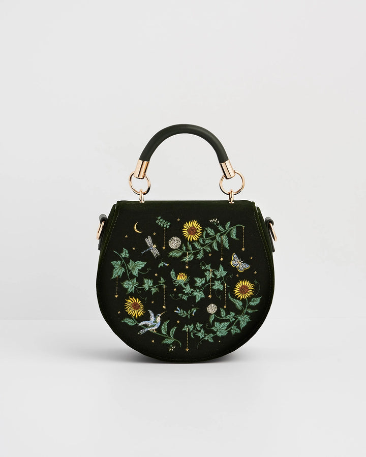 Fable Sunflower Green Velvet Embroidered Top Handle Bag