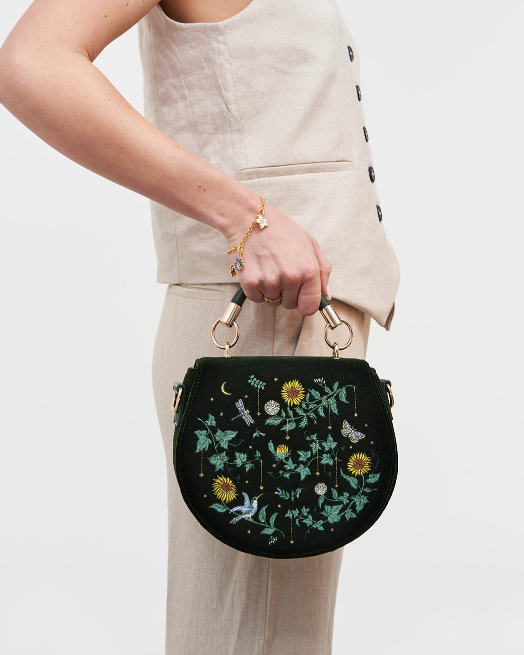 Fable Sunflower Green Velvet Embroidered Top Handle Bag