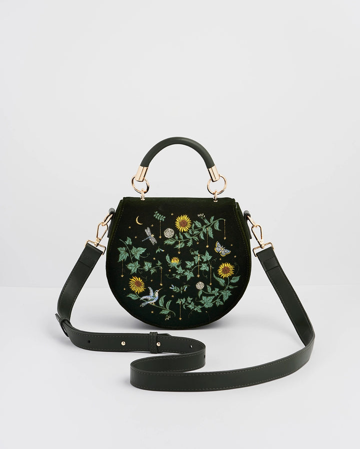Fable Sunflower Green Velvet Embroidered Top Handle Bag