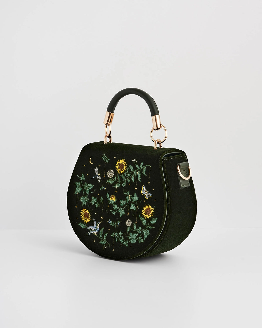 Fable Sunflower Green Velvet Embroidered Top Handle Bag