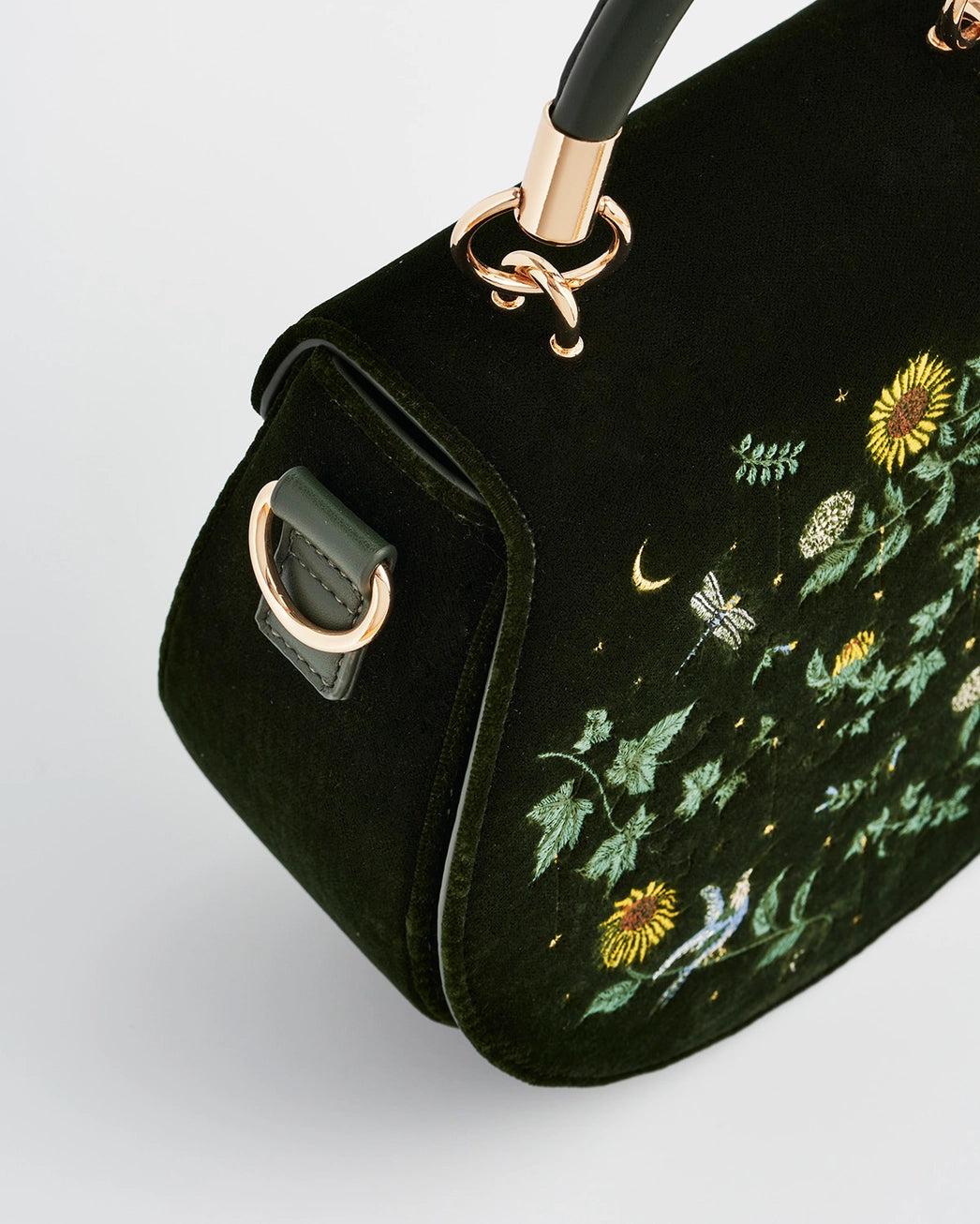 Fable Sunflower Green Velvet Embroidered Top Handle Bag