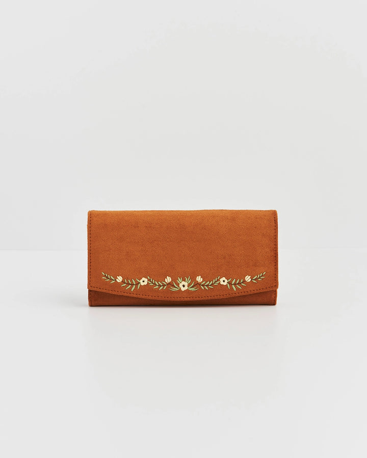 Fable Tan Faux Suede Embroidered Purse
