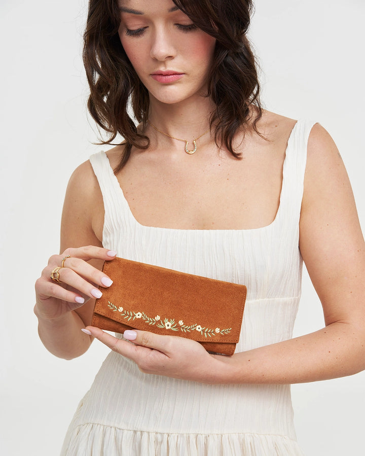 Fable Tan Faux Suede Embroidered Purse