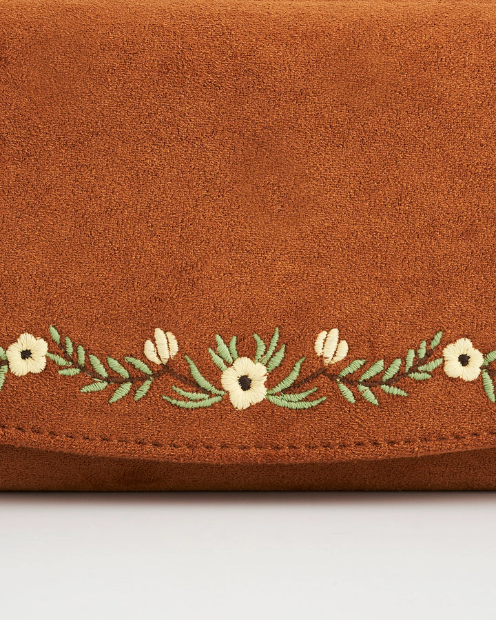 Fable Tan Faux Suede Embroidered Purse