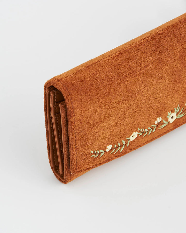 Fable Tan Faux Suede Embroidered Purse