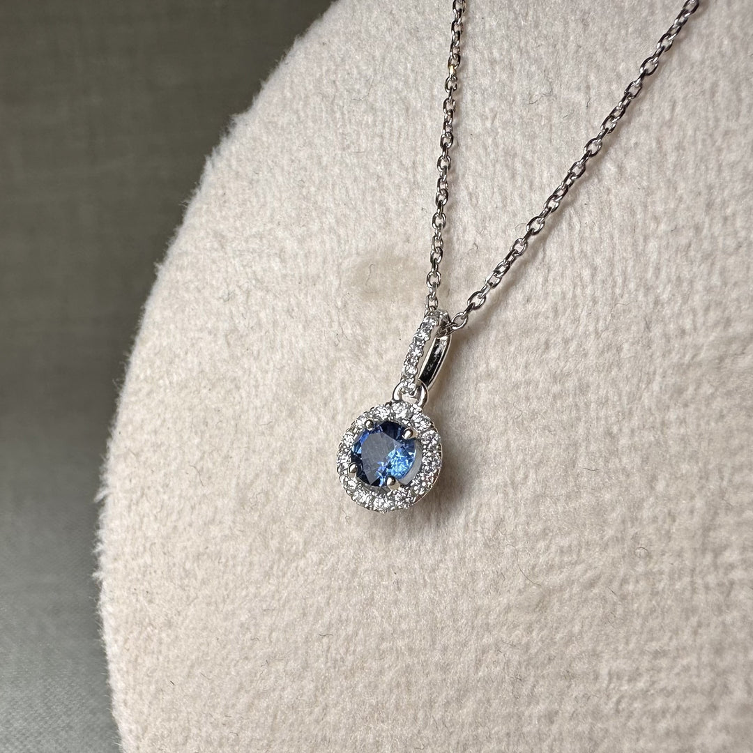 Round Blue Sapphire with Diamond Halo Necklace
